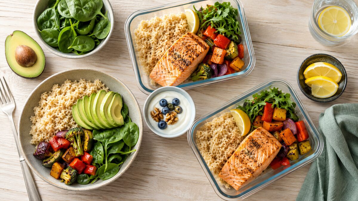 Meal-prep containers of salmon, grains and vegetables beside a bowl of salad