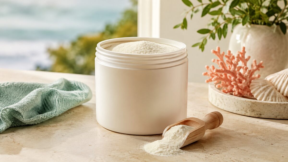 A plain white supplement tub with a wooden scoop on a bench by a window