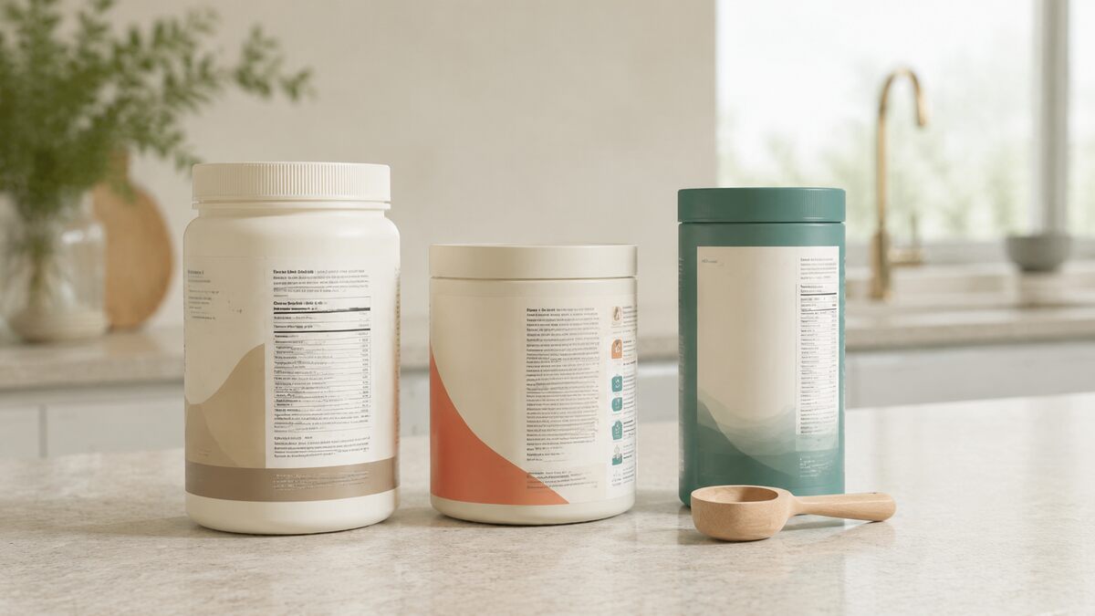 Three unbranded supplement tubs side by side on a kitchen bench