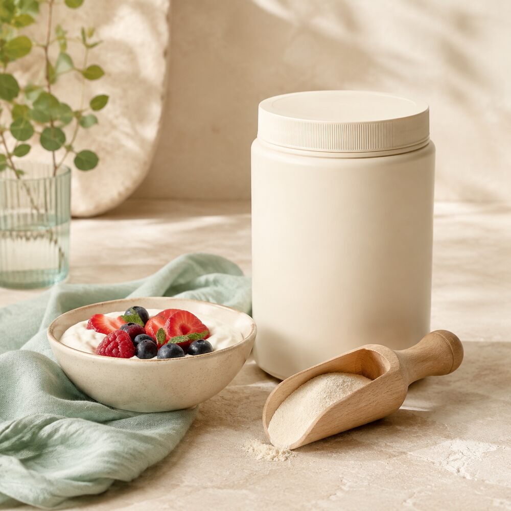 A plain white supplement tub with a wooden scoop beside a bowl of berries