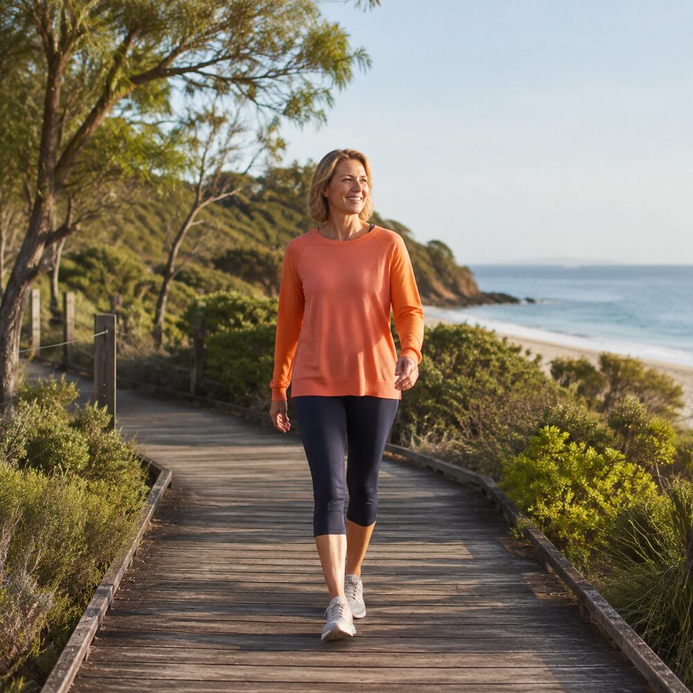 A woman walking along a coastal boardwalk on a sunny morning