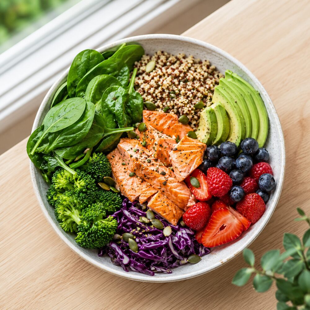 A bowl of salmon, grains, leafy greens, avocado and berries