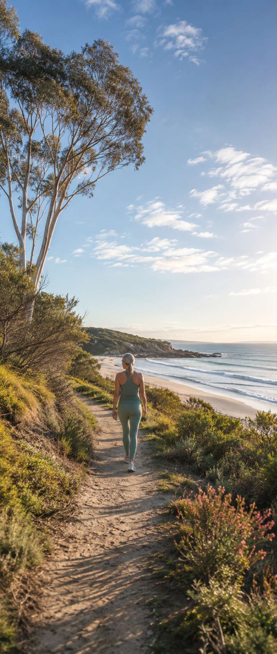A walking track winding through coastal bushland under a blue sky