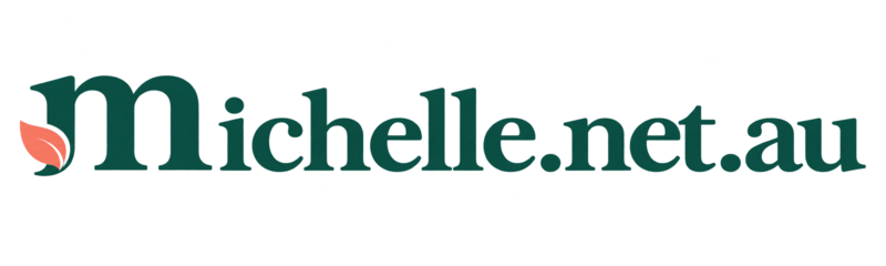 michelle.net.au wordmark in dark green with a small leaf on the letter m